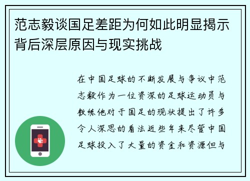 范志毅谈国足差距为何如此明显揭示背后深层原因与现实挑战