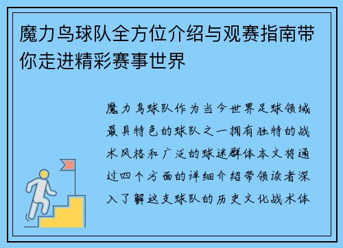 魔力鸟球队全方位介绍与观赛指南带你走进精彩赛事世界
