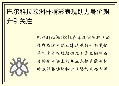 巴尔科拉欧洲杯精彩表现助力身价飙升引关注